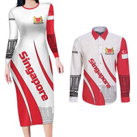 Singapore National Crest Couples Matching Long Sleeve Bodycon Dress and Long Sleeve Button Shirt with City Skyline and Lion Design