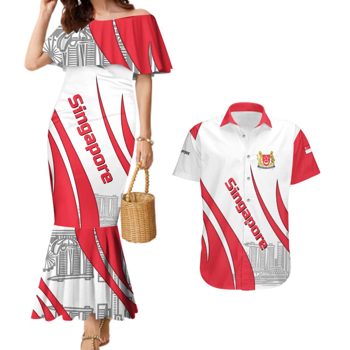 Singapore National Crest Couples Matching Mermaid Dress and Hawaiian Shirt with City Skyline and Lion Design