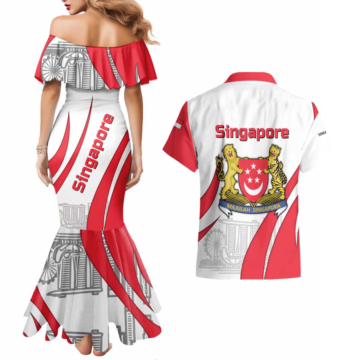 Singapore National Crest Couples Matching Mermaid Dress and Hawaiian Shirt with City Skyline and Lion Design