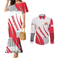 Singapore National Crest Couples Matching Mermaid Dress and Long Sleeve Button Shirt with City Skyline and Lion Design