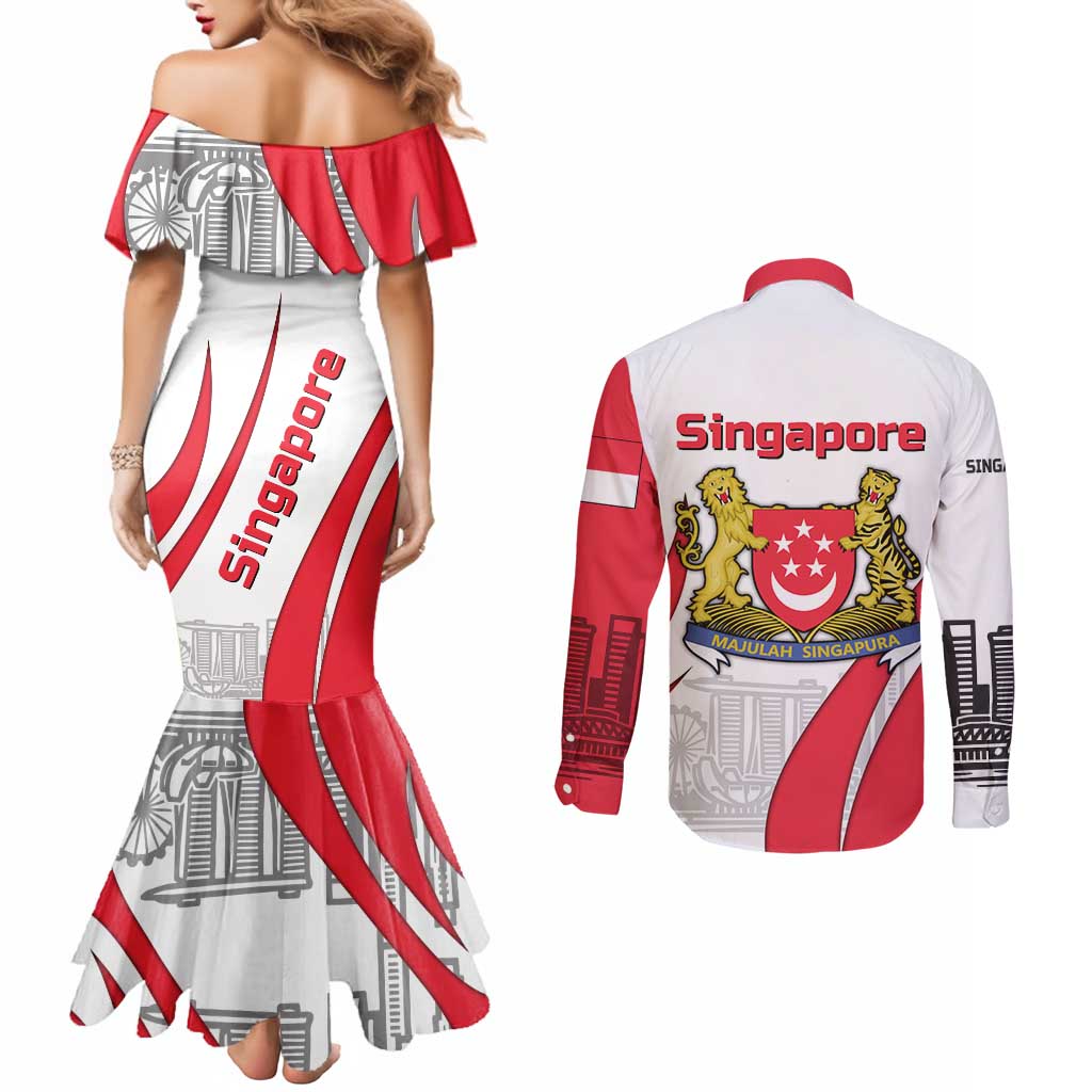 Singapore National Crest Couples Matching Mermaid Dress and Long Sleeve Button Shirt with City Skyline and Lion Design