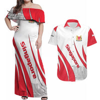 Singapore National Crest Couples Matching Off Shoulder Maxi Dress and Hawaiian Shirt with City Skyline and Lion Design