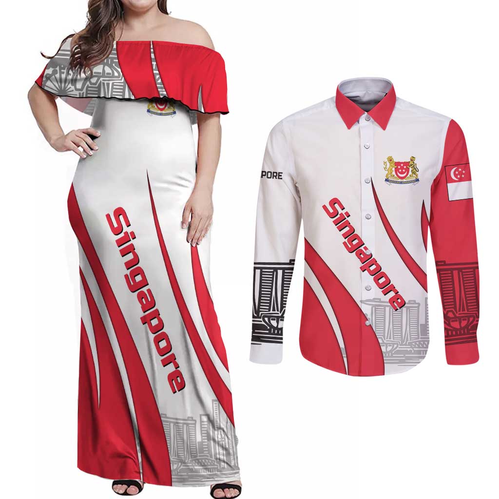 Singapore National Crest Couples Matching Off Shoulder Maxi Dress and Long Sleeve Button Shirt with City Skyline and Lion Design