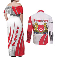 Singapore National Crest Couples Matching Off Shoulder Maxi Dress and Long Sleeve Button Shirt with City Skyline and Lion Design