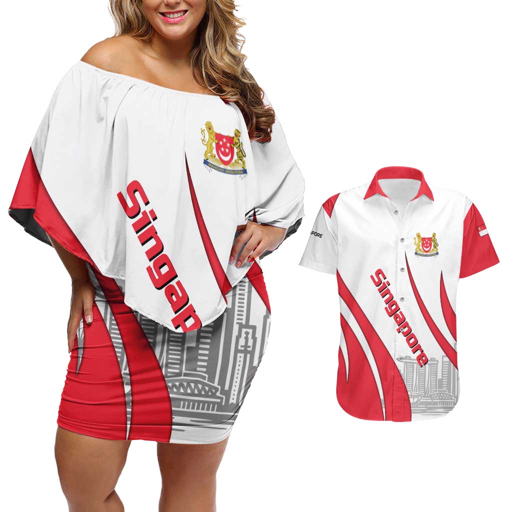 Singapore National Crest Couples Matching Off Shoulder Short Dress and Hawaiian Shirt with City Skyline and Lion Design
