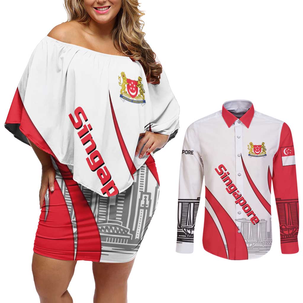 Singapore National Crest Couples Matching Off Shoulder Short Dress and Long Sleeve Button Shirt with City Skyline and Lion Design