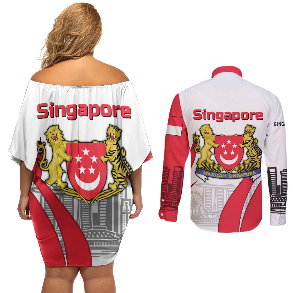 Singapore National Crest Couples Matching Off Shoulder Short Dress and Long Sleeve Button Shirt with City Skyline and Lion Design