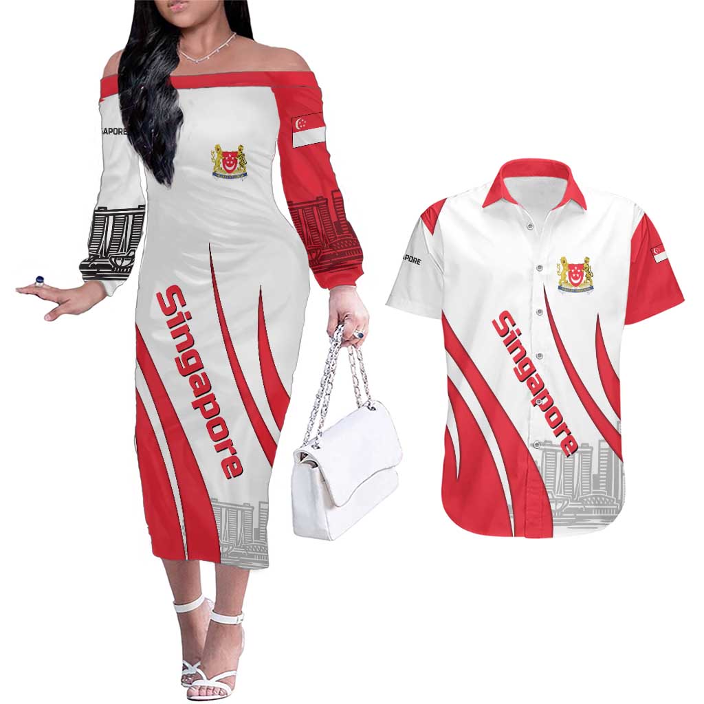 Singapore National Crest Couples Matching Off The Shoulder Long Sleeve Dress and Hawaiian Shirt with City Skyline and Lion Design