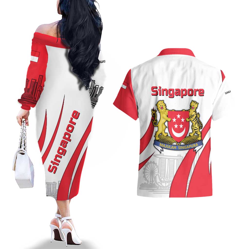 Singapore National Crest Couples Matching Off The Shoulder Long Sleeve Dress and Hawaiian Shirt with City Skyline and Lion Design