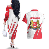 Singapore National Crest Couples Matching Off The Shoulder Long Sleeve Dress and Hawaiian Shirt with City Skyline and Lion Design