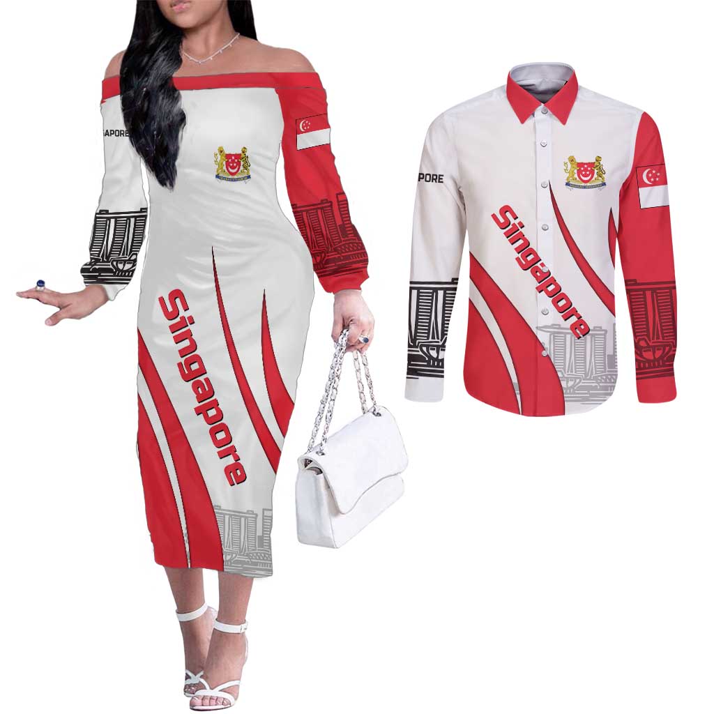 Singapore National Crest Couples Matching Off The Shoulder Long Sleeve Dress and Long Sleeve Button Shirt with City Skyline and Lion Design