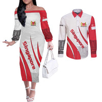 Singapore National Crest Couples Matching Off The Shoulder Long Sleeve Dress and Long Sleeve Button Shirt with City Skyline and Lion Design