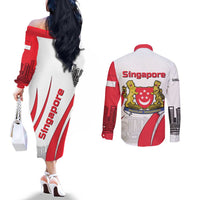 Singapore National Crest Couples Matching Off The Shoulder Long Sleeve Dress and Long Sleeve Button Shirt with City Skyline and Lion Design