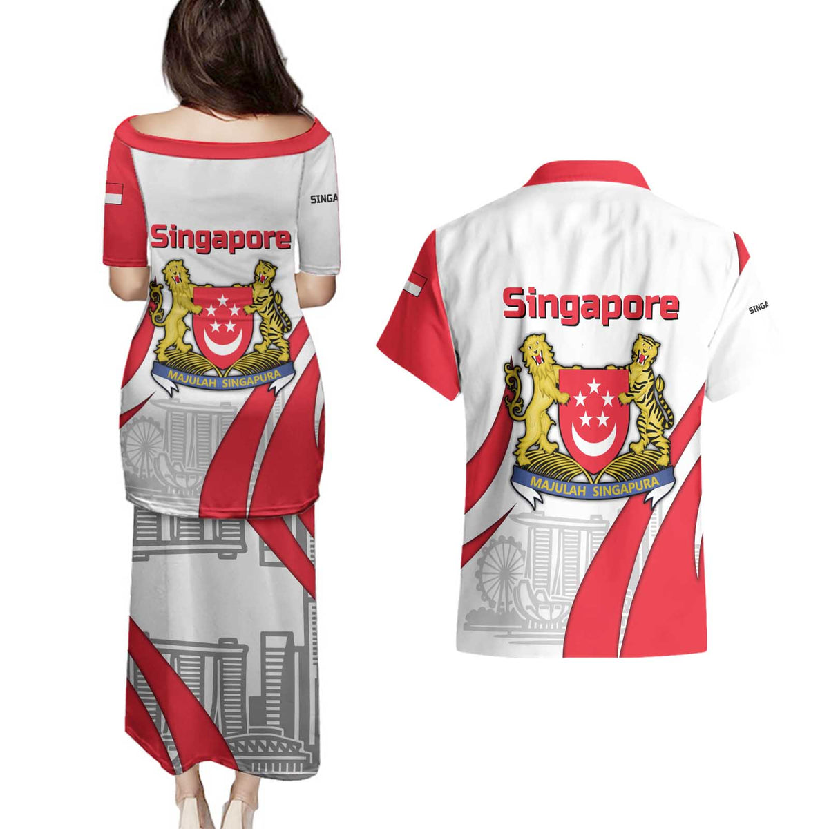 Singapore National Crest Couples Matching Puletasi and Hawaiian Shirt with City Skyline and Lion Design