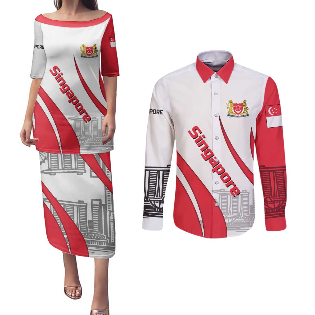 Singapore National Crest Couples Matching Puletasi and Long Sleeve Button Shirt with City Skyline and Lion Design