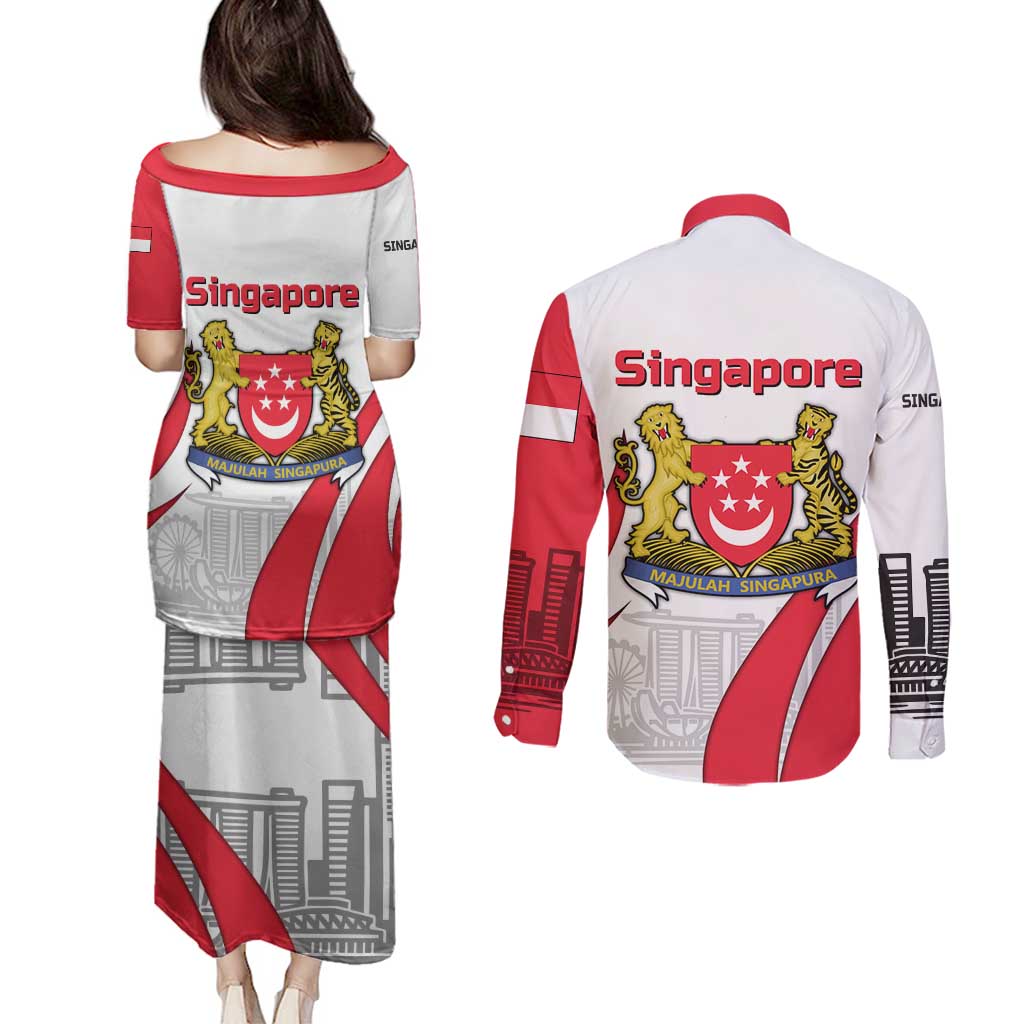 Singapore National Crest Couples Matching Puletasi and Long Sleeve Button Shirt with City Skyline and Lion Design