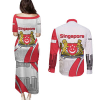 Singapore National Crest Couples Matching Puletasi and Long Sleeve Button Shirt with City Skyline and Lion Design