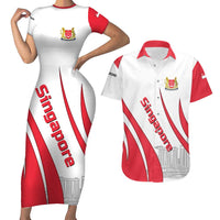 Singapore National Crest Couples Matching Short Sleeve Bodycon Dress and Hawaiian Shirt with City Skyline and Lion Design