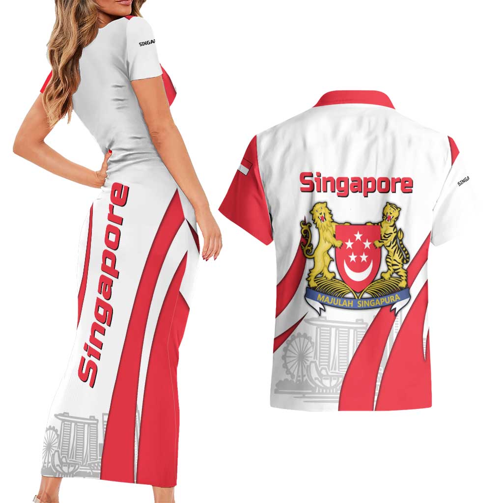 Singapore National Crest Couples Matching Short Sleeve Bodycon Dress and Hawaiian Shirt with City Skyline and Lion Design