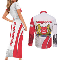 Singapore National Crest Couples Matching Short Sleeve Bodycon Dress and Long Sleeve Button Shirt with City Skyline and Lion Design
