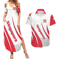 Singapore National Crest Couples Matching Summer Maxi Dress and Hawaiian Shirt with City Skyline and Lion Design
