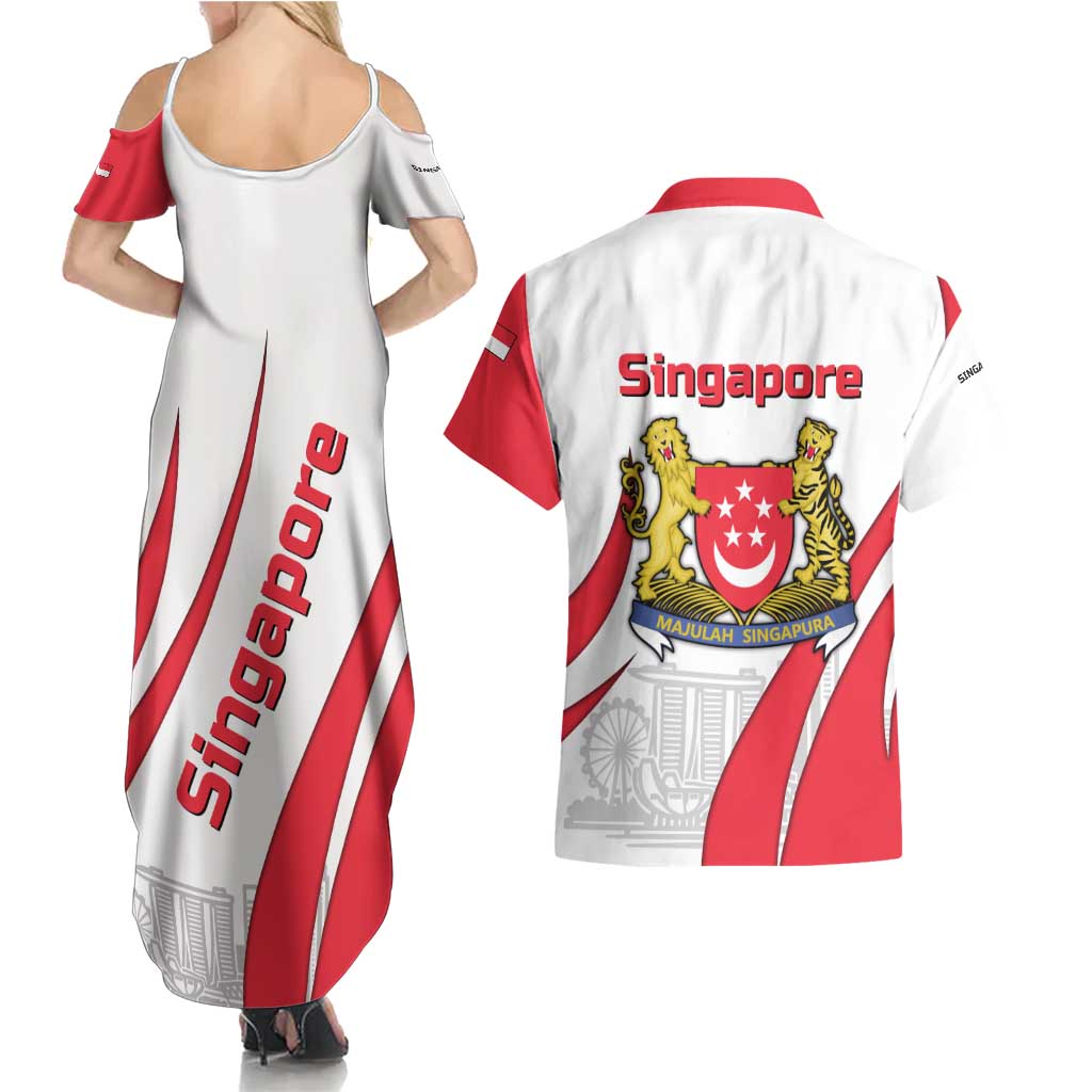 Singapore National Crest Couples Matching Summer Maxi Dress and Hawaiian Shirt with City Skyline and Lion Design