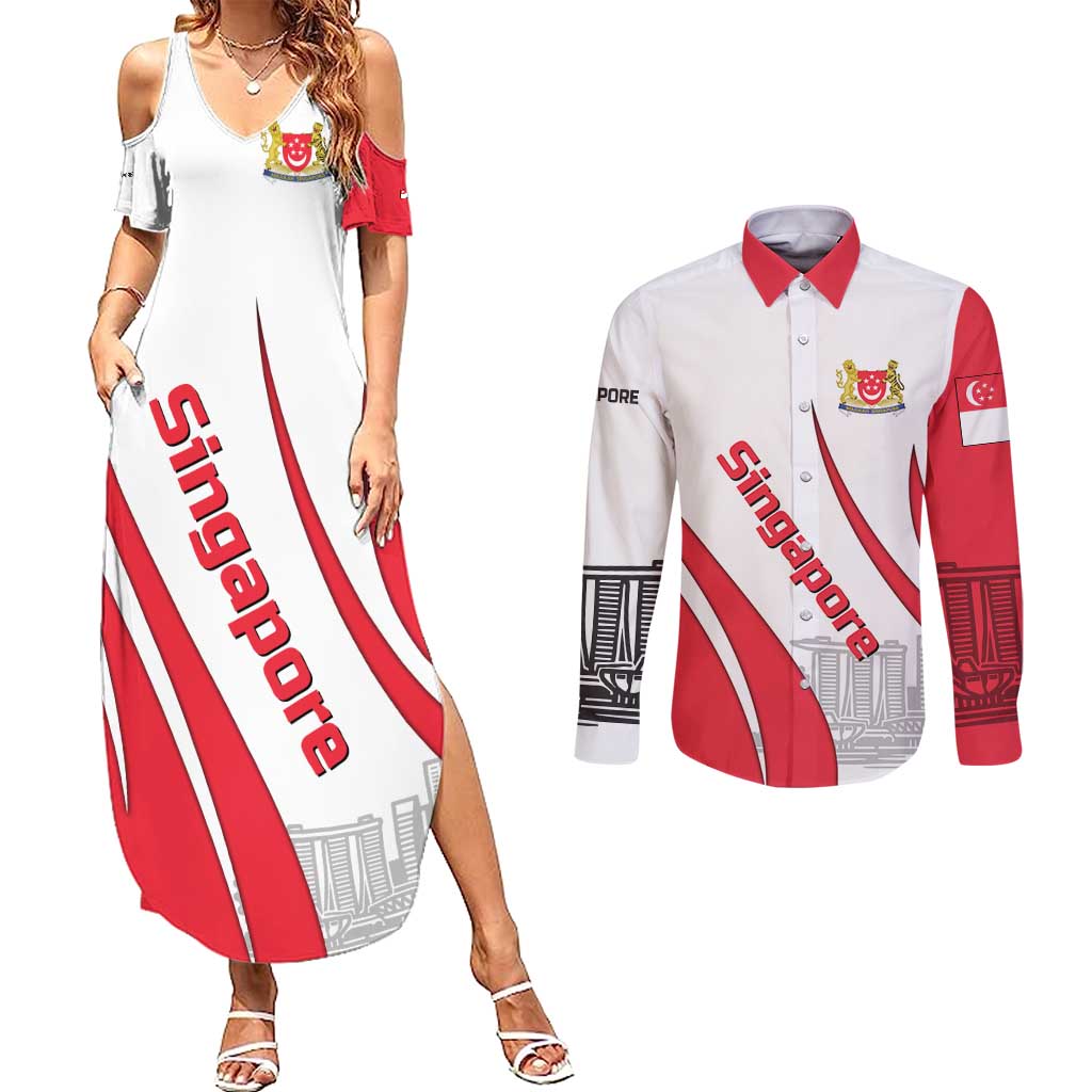 Singapore National Crest Couples Matching Summer Maxi Dress and Long Sleeve Button Shirt with City Skyline and Lion Design