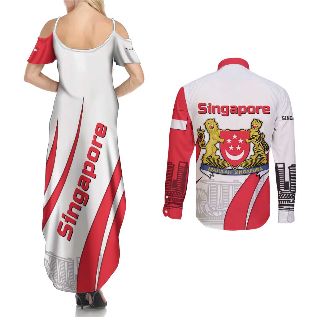 Singapore National Crest Couples Matching Summer Maxi Dress and Long Sleeve Button Shirt with City Skyline and Lion Design