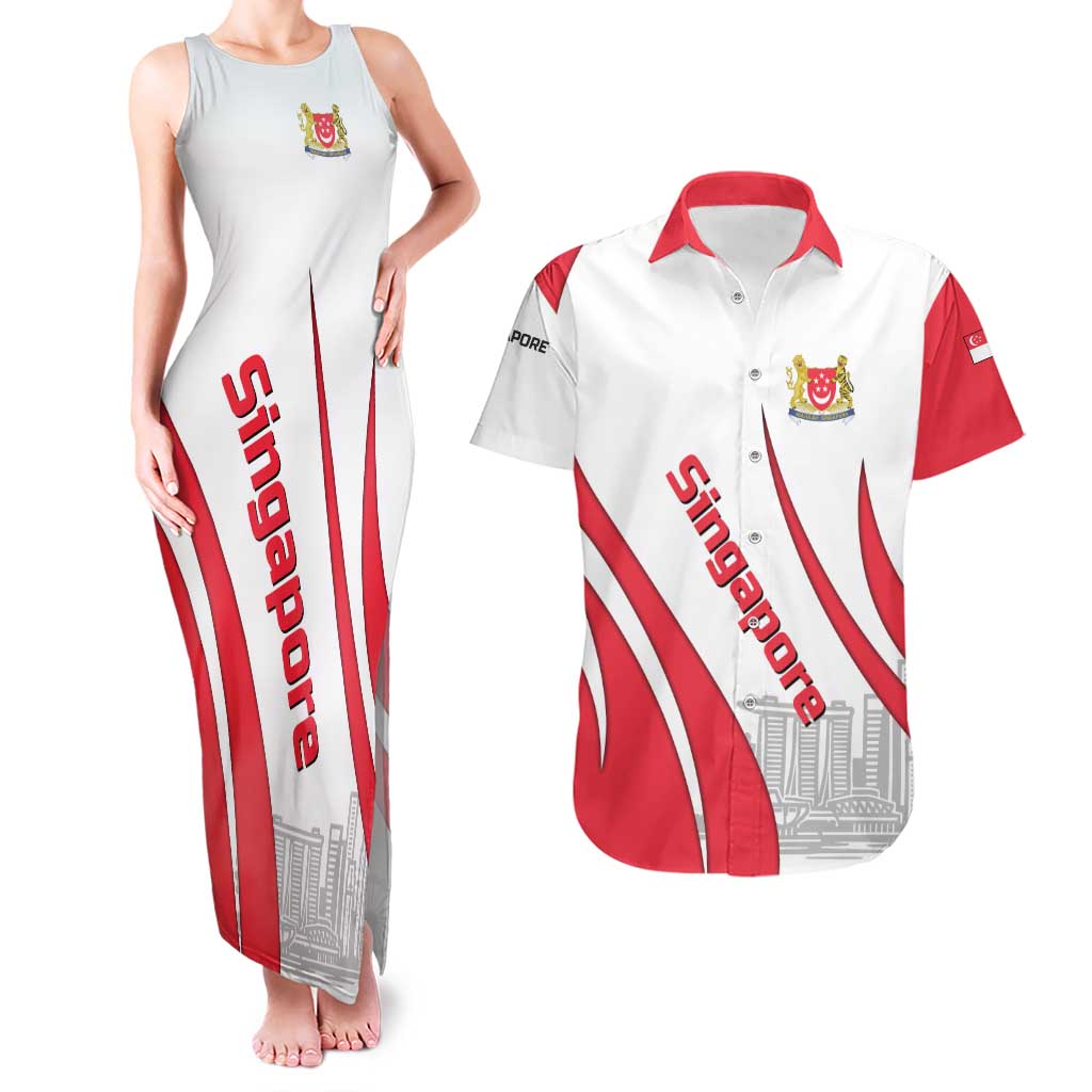 Singapore National Crest Couples Matching Tank Maxi Dress and Hawaiian Shirt with City Skyline and Lion Design