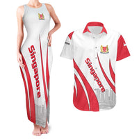 Singapore National Crest Couples Matching Tank Maxi Dress and Hawaiian Shirt with City Skyline and Lion Design