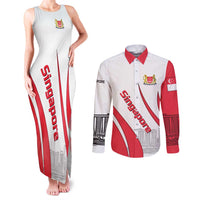 Singapore National Crest Couples Matching Tank Maxi Dress and Long Sleeve Button Shirt with City Skyline and Lion Design