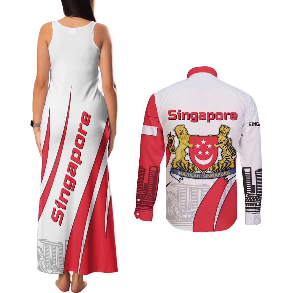 Singapore National Crest Couples Matching Tank Maxi Dress and Long Sleeve Button Shirt with City Skyline and Lion Design