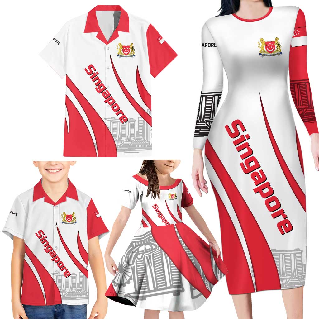 Singapore National Crest Family Matching Long Sleeve Bodycon Dress and Hawaiian Shirt with City Skyline and Lion Design
