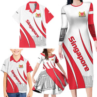 Singapore National Crest Family Matching Long Sleeve Bodycon Dress and Hawaiian Shirt with City Skyline and Lion Design