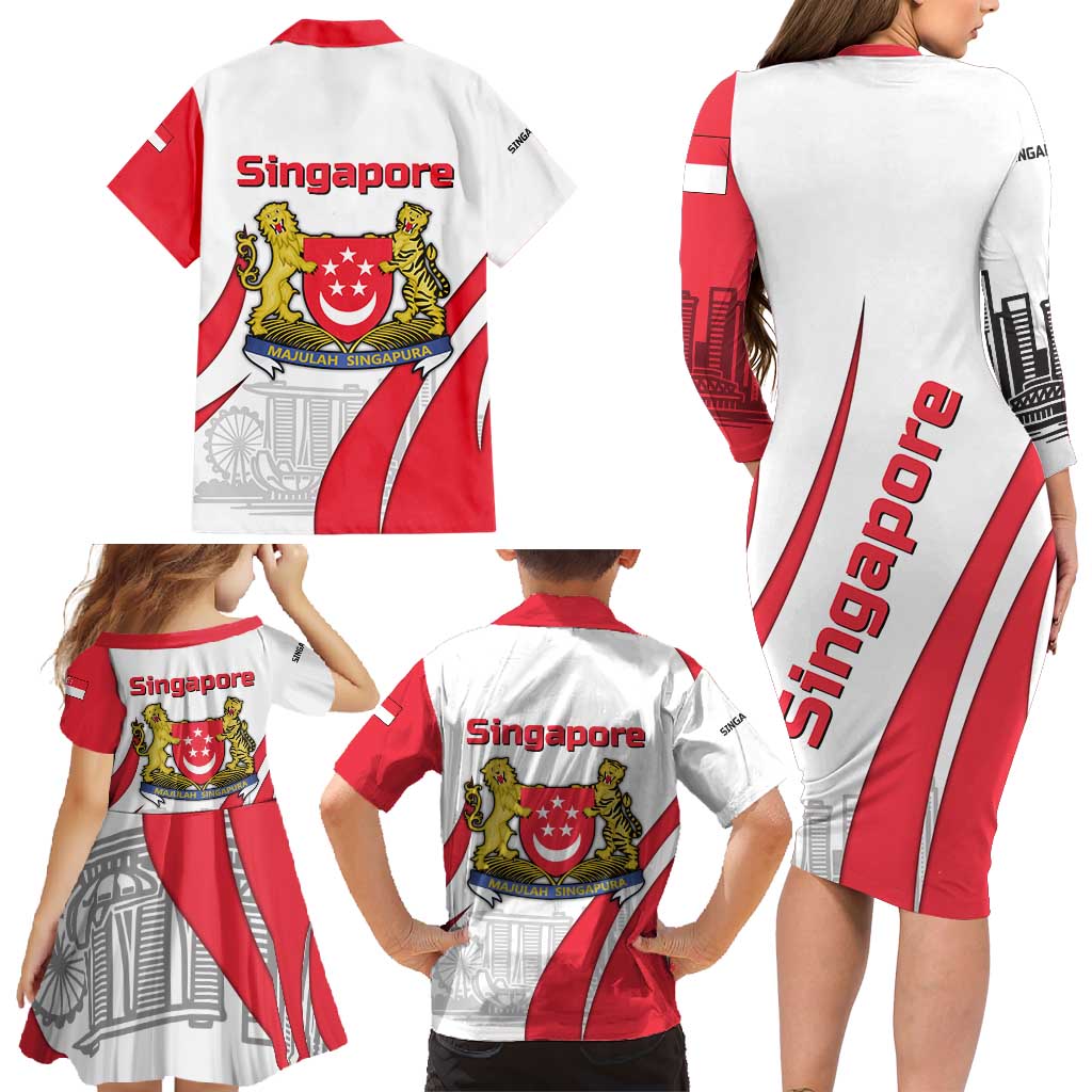 Singapore National Crest Family Matching Long Sleeve Bodycon Dress and Hawaiian Shirt with City Skyline and Lion Design