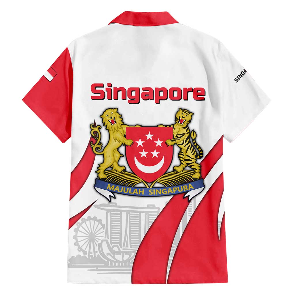 Singapore National Crest Family Matching Long Sleeve Bodycon Dress and Hawaiian Shirt with City Skyline and Lion Design