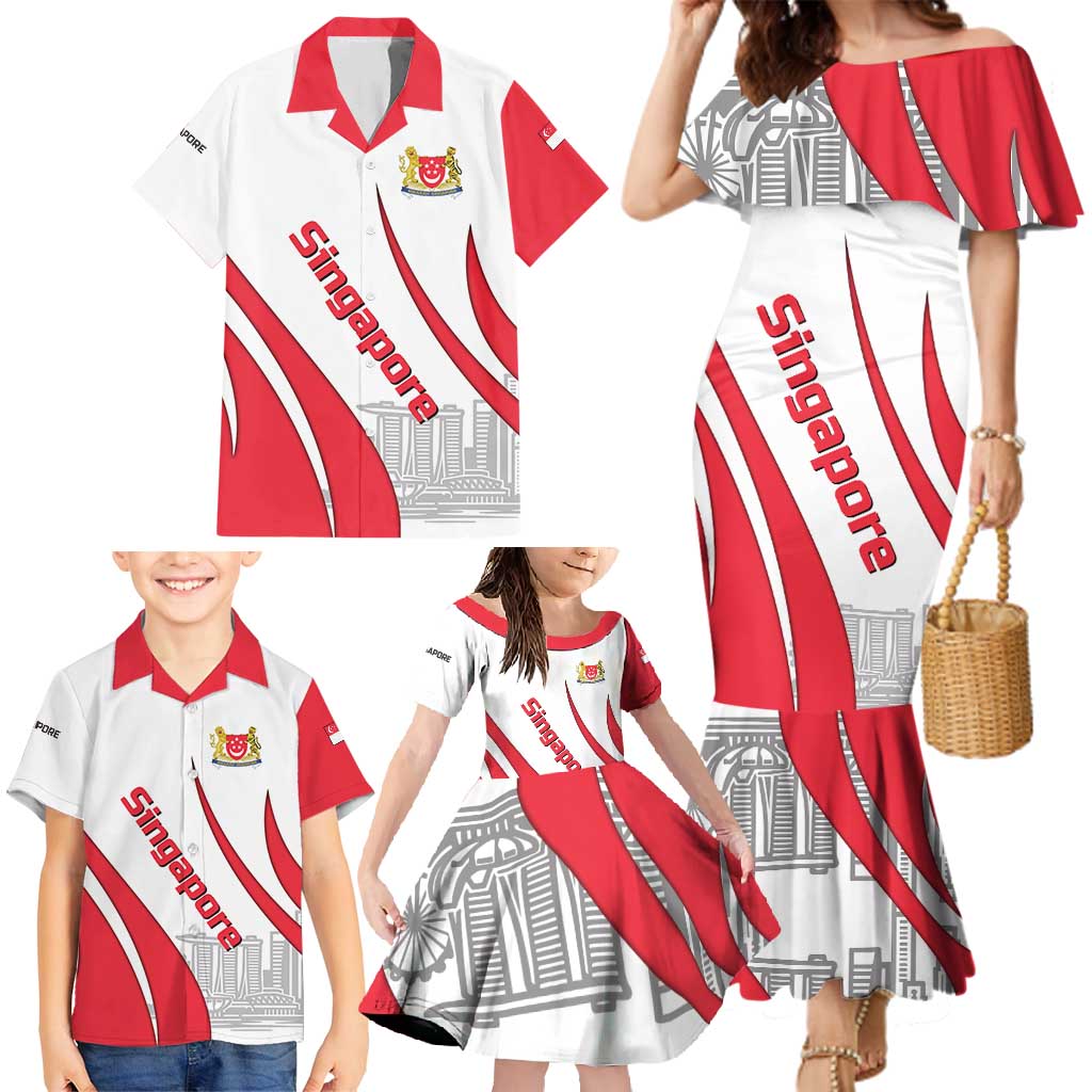 Singapore National Crest Family Matching Mermaid Dress and Hawaiian Shirt with City Skyline and Lion Design