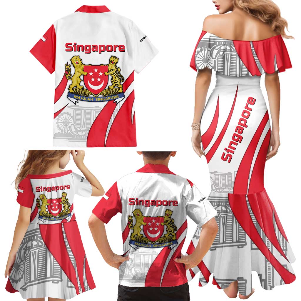 Singapore National Crest Family Matching Mermaid Dress and Hawaiian Shirt with City Skyline and Lion Design