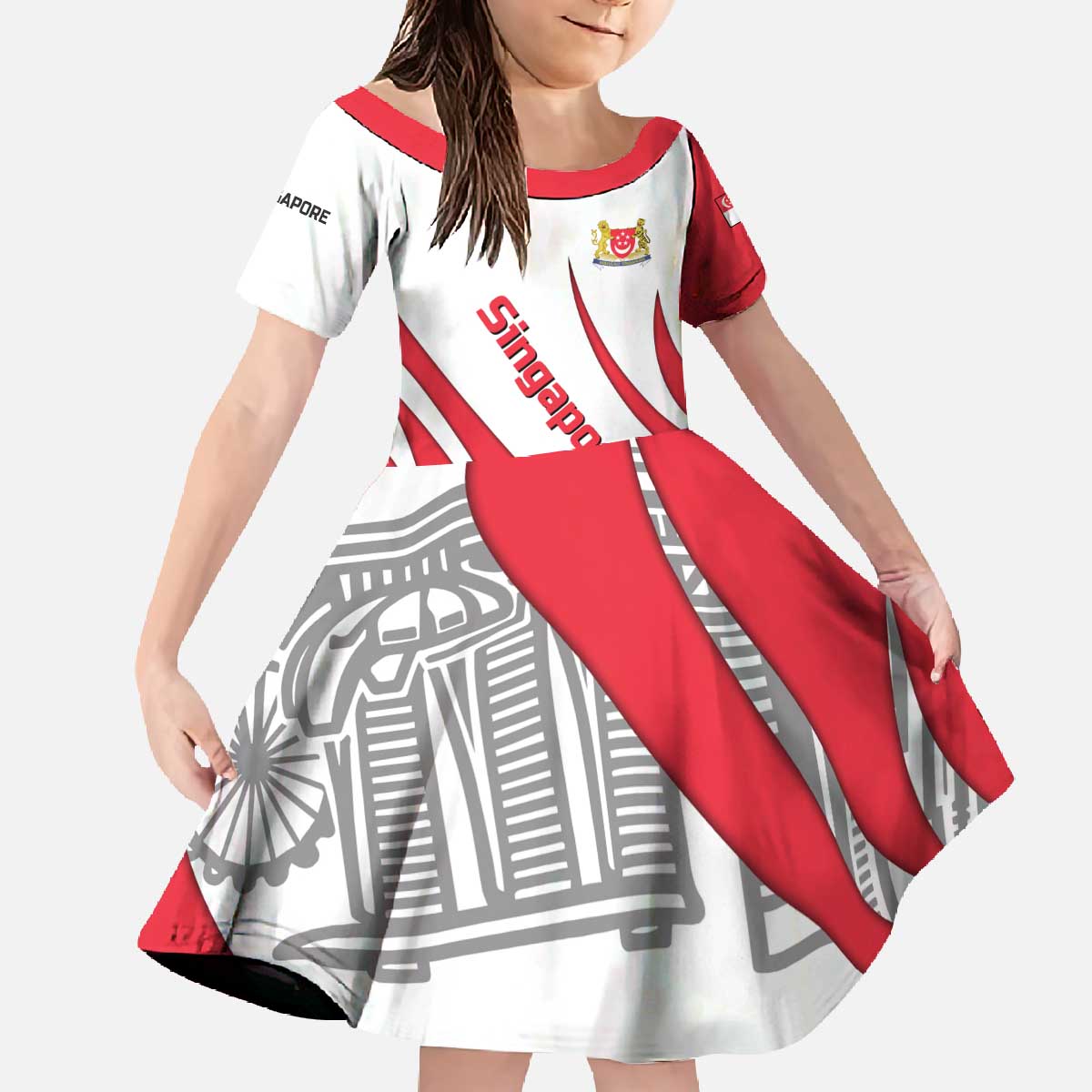 Singapore National Crest Family Matching Off The Shoulder Long Sleeve Dress and Hawaiian Shirt with City Skyline and Lion Design