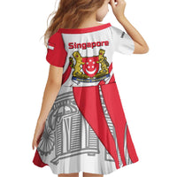 Singapore National Crest Family Matching Off The Shoulder Long Sleeve Dress and Hawaiian Shirt with City Skyline and Lion Design