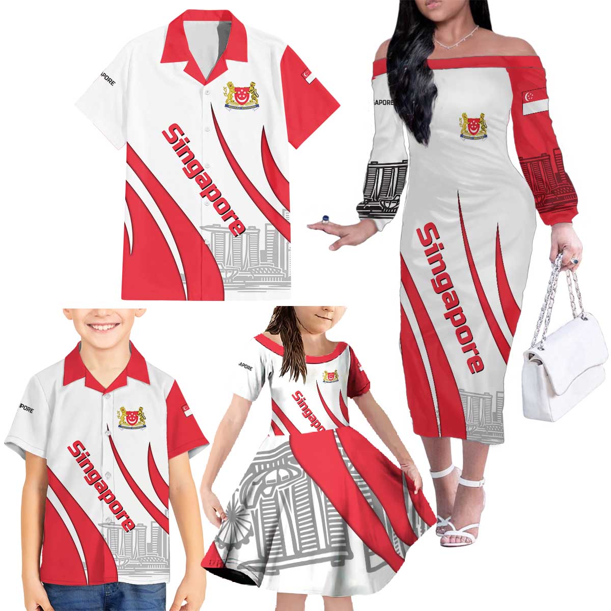 Singapore National Crest Family Matching Off The Shoulder Long Sleeve Dress and Hawaiian Shirt with City Skyline and Lion Design