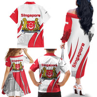Singapore National Crest Family Matching Off The Shoulder Long Sleeve Dress and Hawaiian Shirt with City Skyline and Lion Design