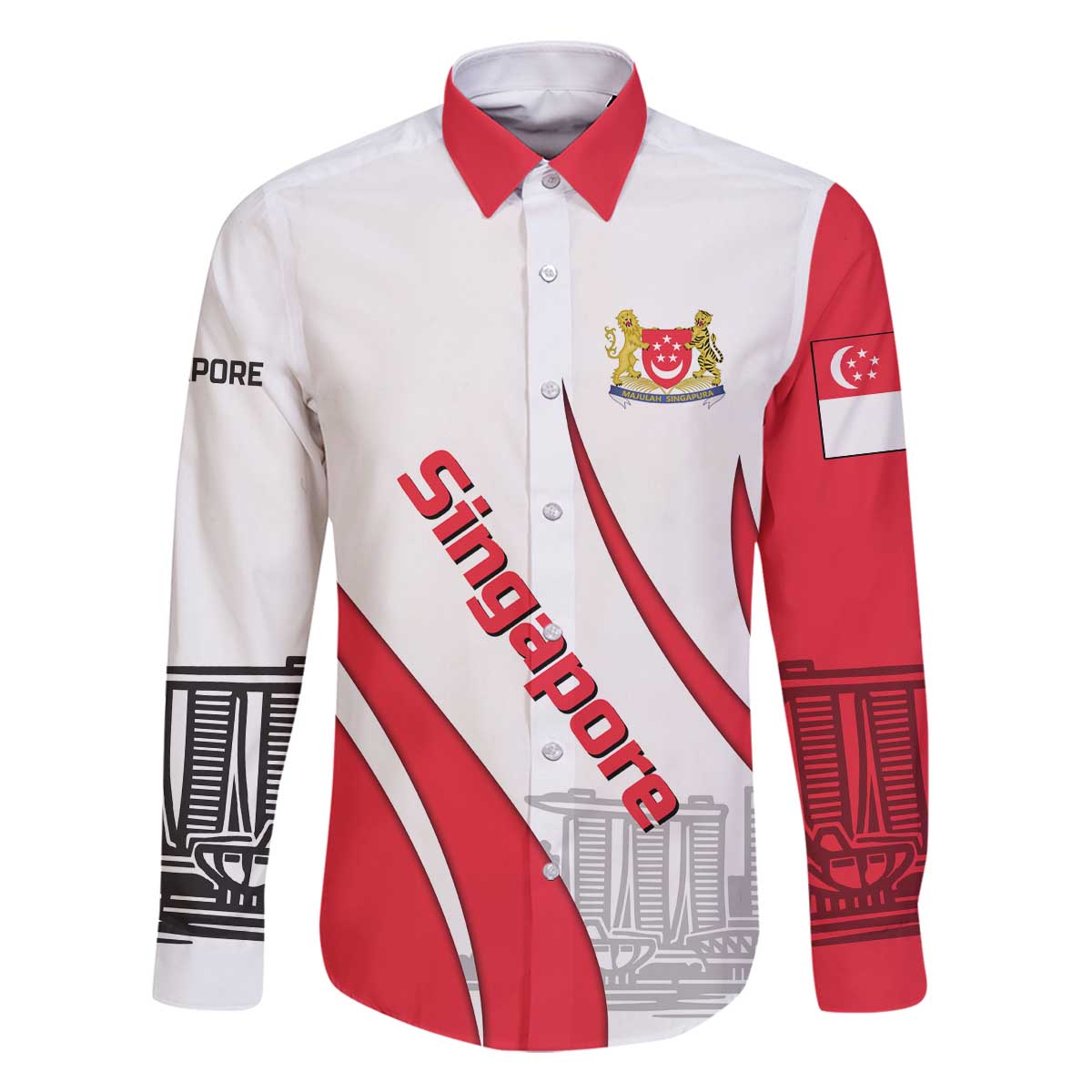 Singapore National Crest Family Matching Off The Shoulder Long Sleeve Dress and Hawaiian Shirt with City Skyline and Lion Design