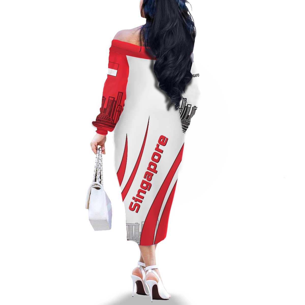 Singapore National Crest Family Matching Off The Shoulder Long Sleeve Dress and Hawaiian Shirt with City Skyline and Lion Design