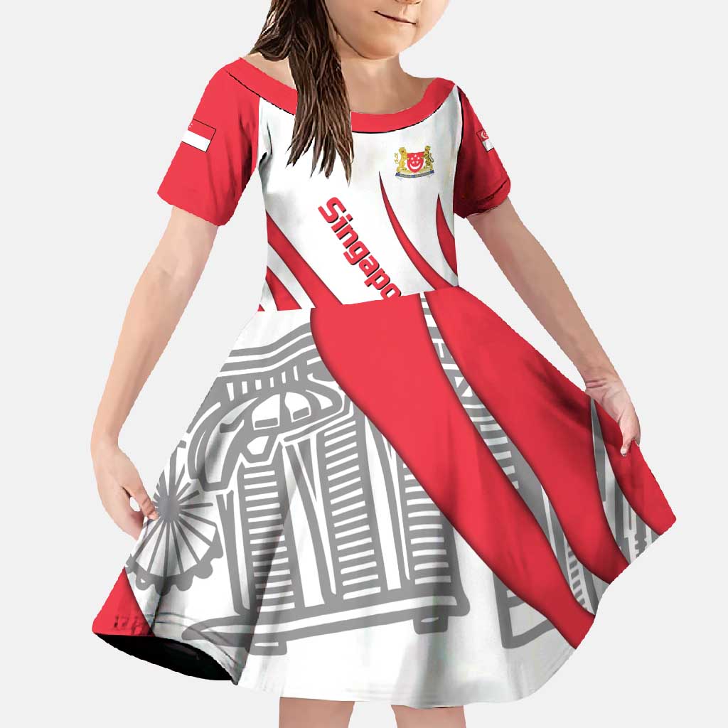 Singapore National Crest Family Matching Off Shoulder Maxi Dress and Hawaiian Shirt with City Skyline and Lion Design