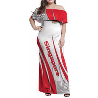 Singapore National Crest Family Matching Off Shoulder Maxi Dress and Hawaiian Shirt with City Skyline and Lion Design