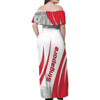 Singapore National Crest Family Matching Off Shoulder Maxi Dress and Hawaiian Shirt with City Skyline and Lion Design