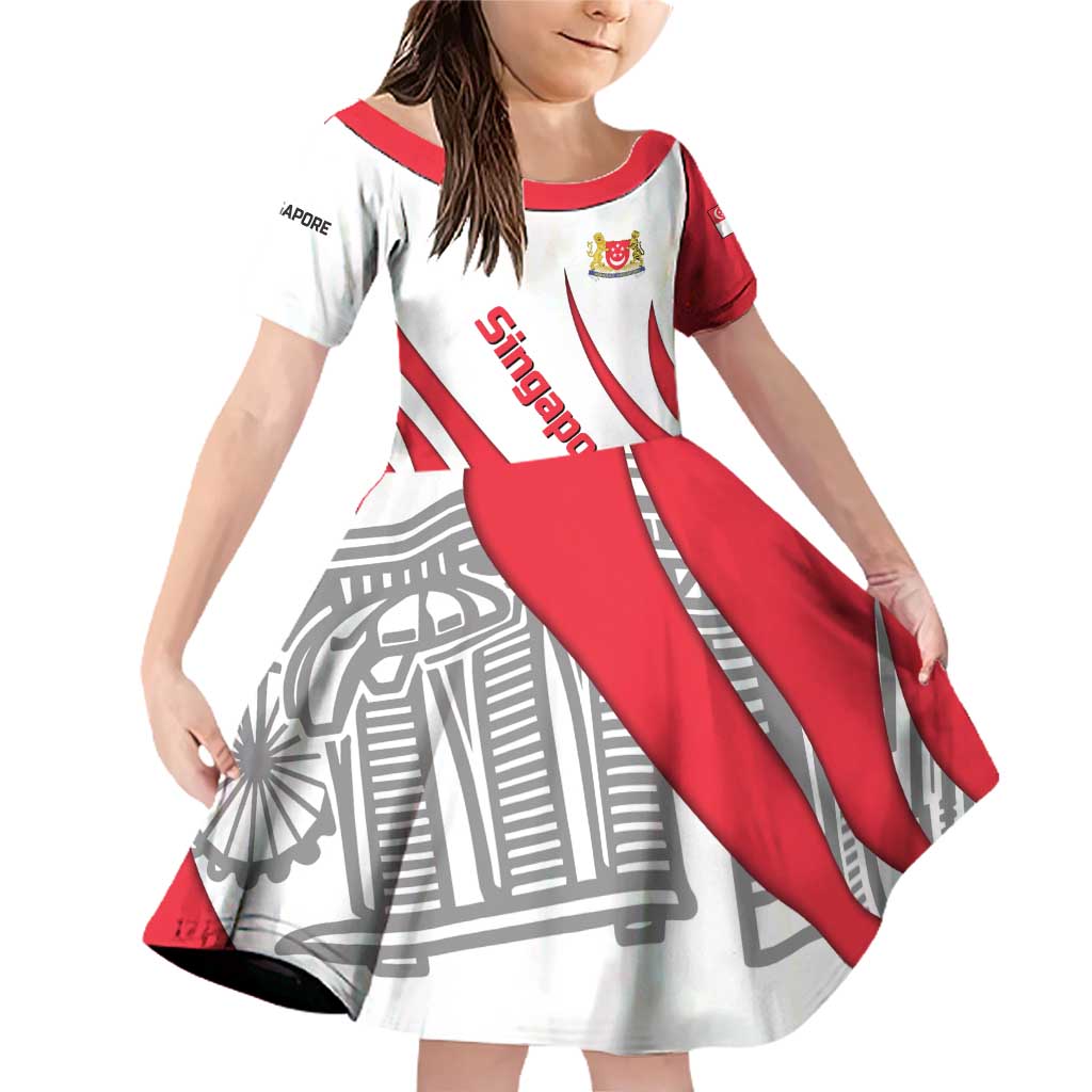 Singapore National Crest Family Matching Off Shoulder Short Dress and Hawaiian Shirt with City Skyline and Lion Design