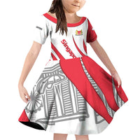 Singapore National Crest Family Matching Off Shoulder Short Dress and Hawaiian Shirt with City Skyline and Lion Design