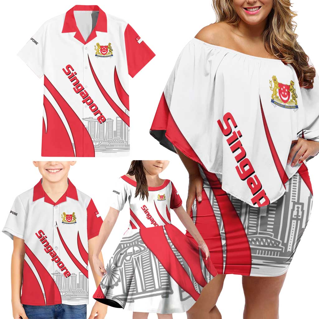 Singapore National Crest Family Matching Off Shoulder Short Dress and Hawaiian Shirt with City Skyline and Lion Design